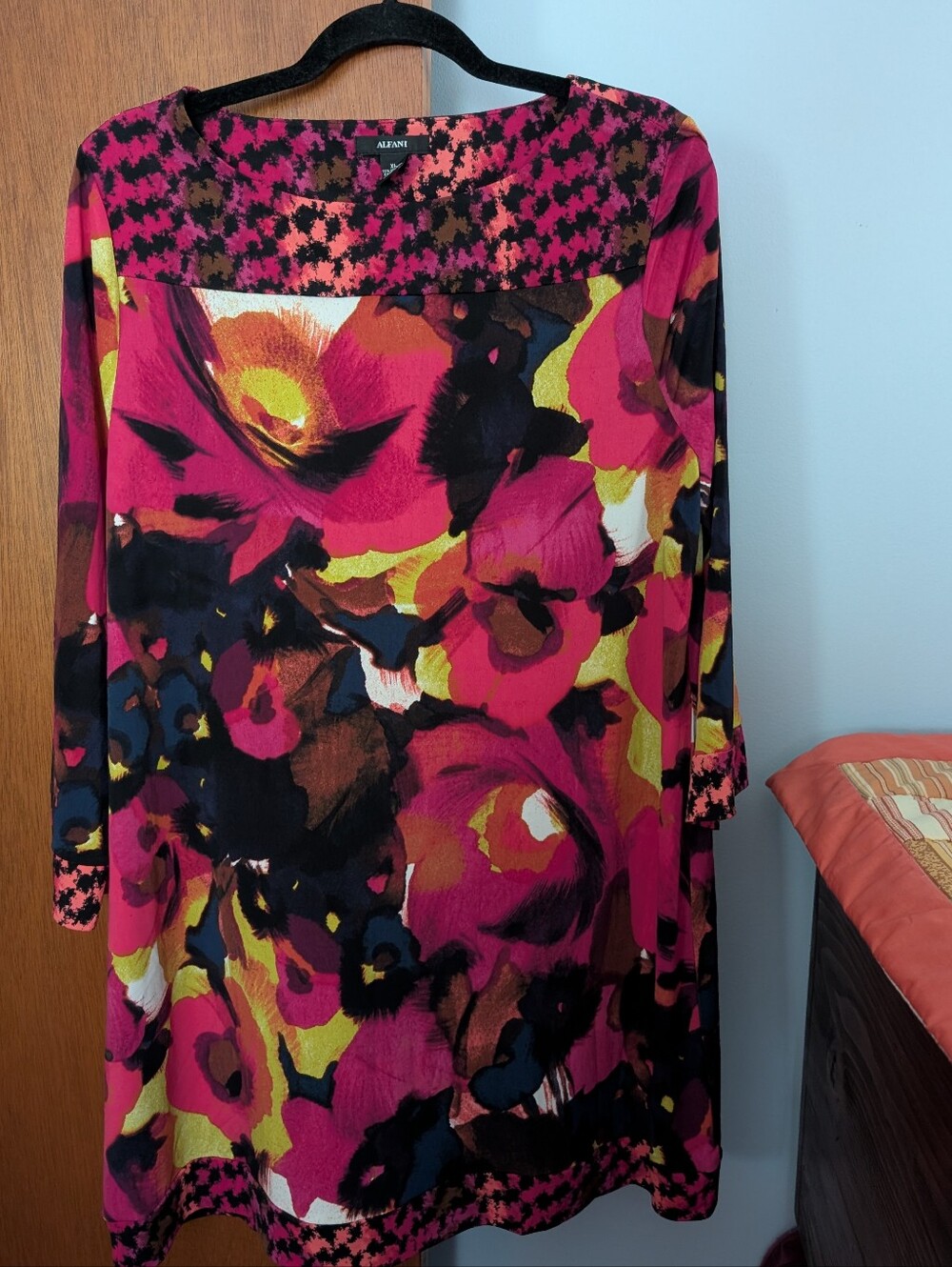 Alfani Vibrant Pink & Yellow Floral Long-Sleeve Shift Dress Women's Size XL